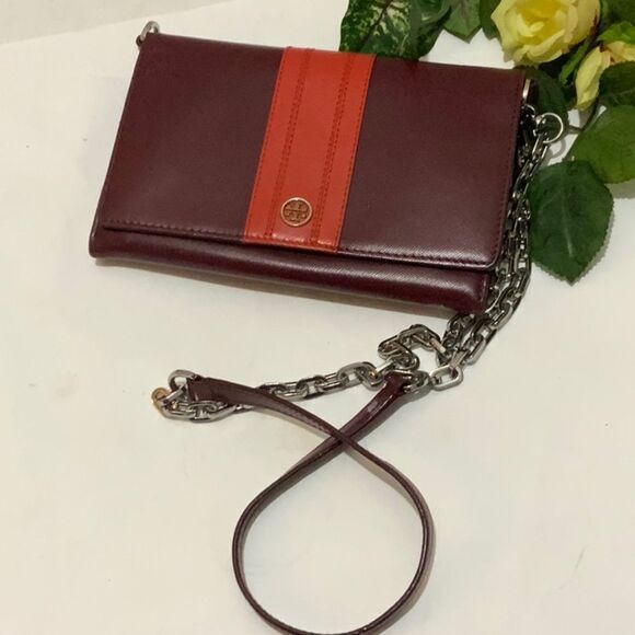 TORY BURCH Red orange Leather Robinson Chain Link Crossbody Wallet - Picture 2 of 16